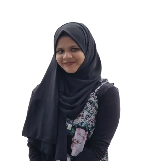 A professional portrait of the Best Digital Marketing Freelancer in Dubai wearing a black hijab and a floral-patterned black outfit. She is smiling confidently against a clean, white background, representing a reliable and creative professional for the UAE digital market.