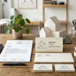 A professional workplace setup on a wooden desk featuring a minimalist branding suite. The collection includes a laptop, letterhead, business cards, envelopes, a notebook, a pen, a navy blue mug, and a tote bag. All items display a clean, geometric line-art logo of a mountain. One business card shows placeholders for [NAME], [TITLE], and [CONTACT INFO] instead of specific text.