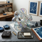 An artistic, tactile branding display on a dark slate table. The scene features a central iridescent glass sculpture, indigo-dyed fabric swatches in small ceramic bowls, and framed cyanotype art on the wall. A blue denim tote bag, a leather portfolio, and gold-foiled business cards feature a cursive "A" logo. The background shows a wooden craft bench with spools of thread and natural fibers