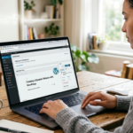 Close-up of a person using WordPress on a laptop in a brightly lit office setting.