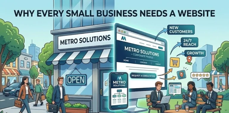 A professional split-view illustration showing a modern physical office building on the left and its digital twin on a large monitor and smartphone on the right. The image uses a "Metro Solutions" theme with clean lines and a corporate blue color palette.