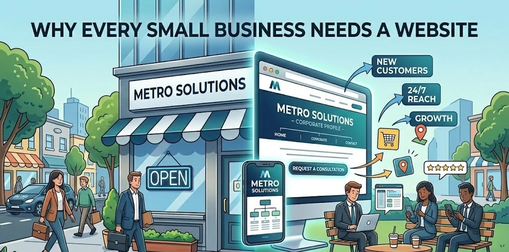 A professional split-view illustration showing a modern physical office building on the left and its digital twin on a large monitor and smartphone on the right. The image uses a "Metro Solutions" theme with clean lines and a corporate blue color palette.